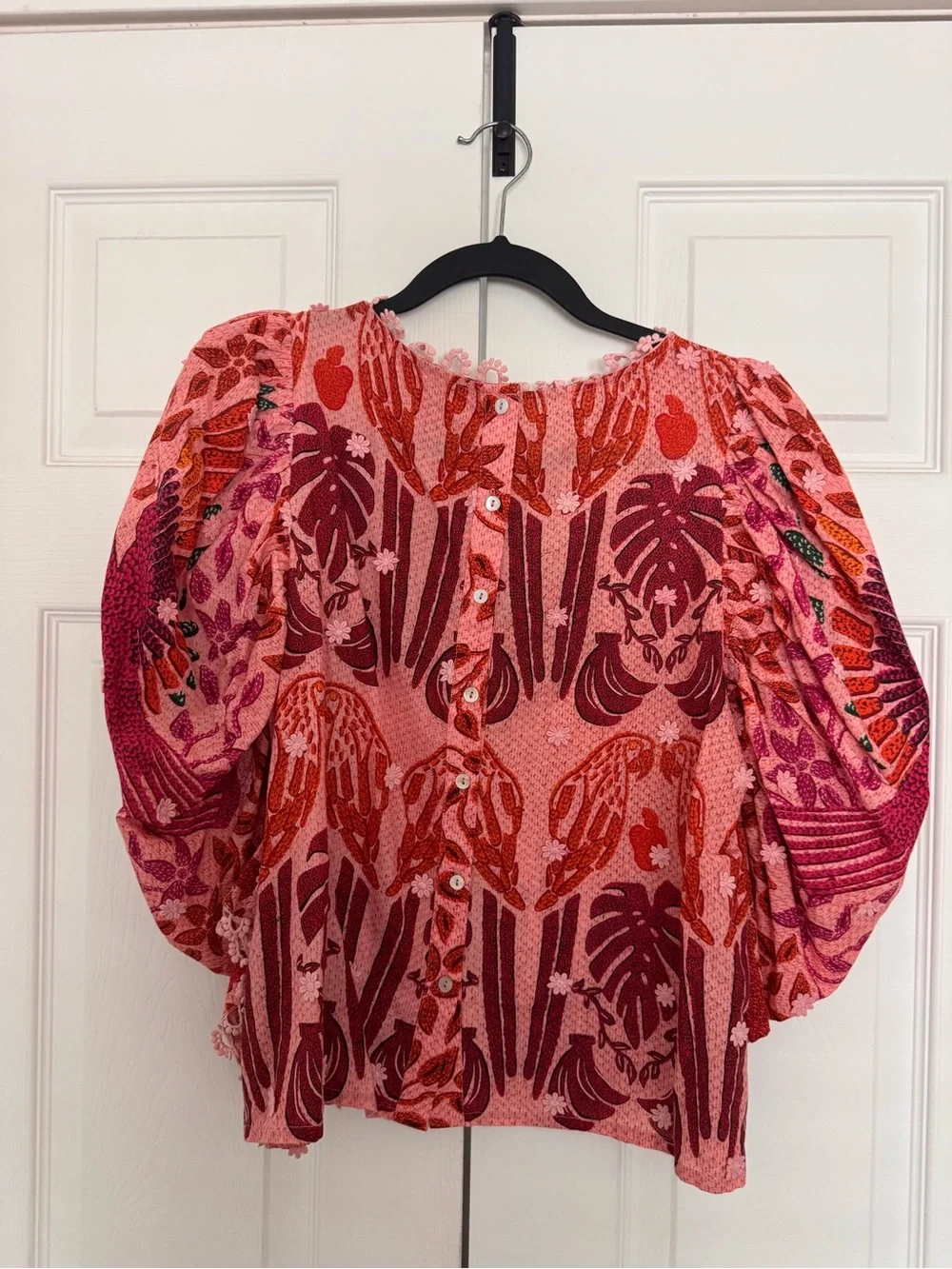 FARM Rio Pink & Red Patterned Puff-Sleeve Blouse